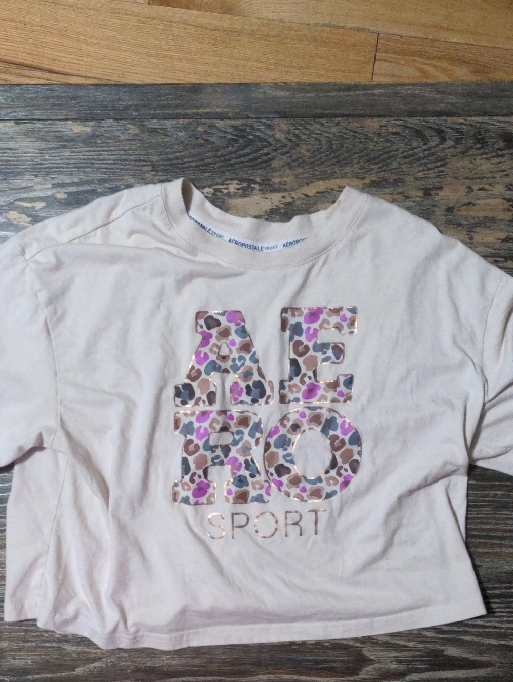 Aeropostale Cream Pink AE Sport Leopard Graphic Tee